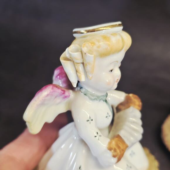 3 Vintage Christmas Angels Figurines Instruments Ucagco Japan Netting Trim - Picture 9 of 13